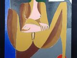 tableau représentant une femme assise sur une chaise, les jambes croisées