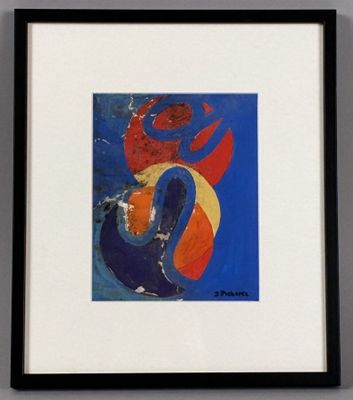 painting of a woman in a blue dress with a red and yellow hat