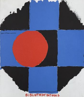 an image of a painting of a red circle on a blue and black square