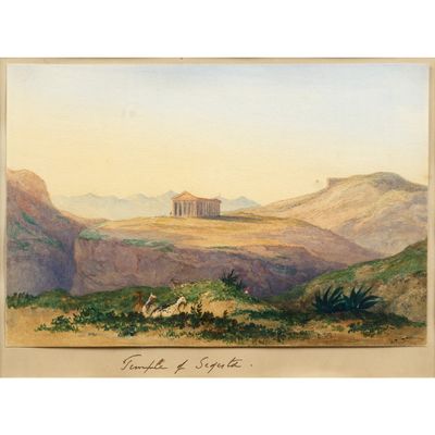 un tableau représentant une vue sur une chaîne de montagnes avec un temple au loin