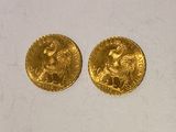 two gold coins with a lion and a lion head on them