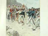 an old picture of a painting of a group of men on a beach
