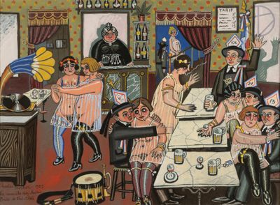 painting of a group of people sitting around a table in a room