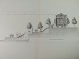 drawing of a drawing of a building with stairs and trees on it