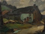 une peinture à l'huile représentant une maison sur une colline, traversée par un ruisseau