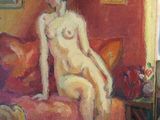 painting of a nude woman sitting on a couch in a living room