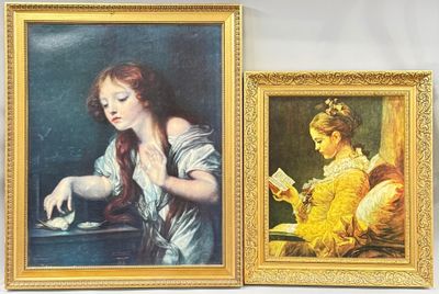 painting of a woman reading a book next to a painting of a woman reading a book