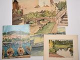 four watercolor paintings of boats and buildings on a white surface