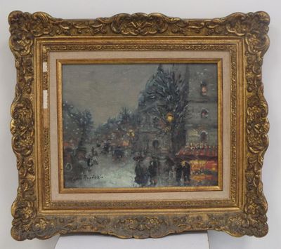 une peinture à l'huile représentant une scène de rue avec des passants marchant dans la neige
