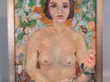 une peinture à l'huile représentant une femme nue tenant une rose à la main