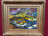 une peinture à l'huile représentant des bateaux dans un port, sur fond rouge
