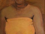 tableau représentant une femme vêtue d'un drap de bain jaune tenant un bol de fruits