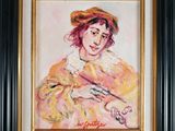 tableau représentant une femme coiffée d'un chapeau, tenant un couteau et une fourchette