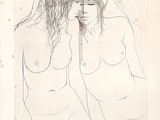 dessin représentant une femme portant un voile sur la tête et un homme à l'arrière-plan