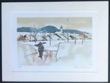 tableau représentant un homme marchant dans la neige, un oiseau dans la main