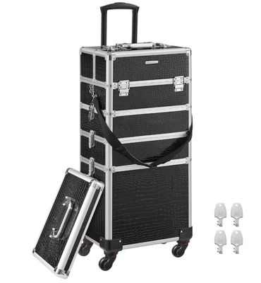 une image représentant une valise noire et argentée, munie de roulettes et d'une poignée