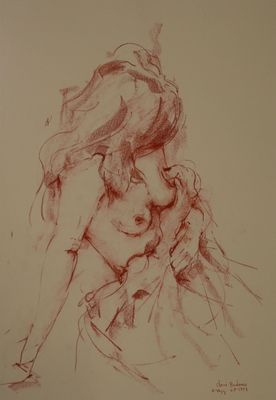 drawing of a woman sitting on a chair with her hands on her head
