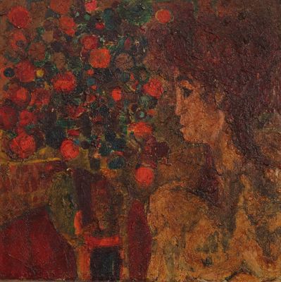 tableau représentant une femme avec des fleurs dans un vase posé sur une table