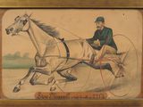 tableau représentant un homme à cheval, peint par un homme assis sur une charrette