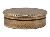 a round metal box with a hammered finish and a lid