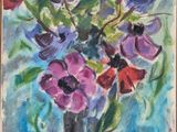 an oil painting of a vase filled with purple and red flowers