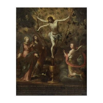 un tableau représentant Jésus sur la croix, entouré d'autres personnes