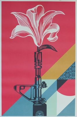 a poster of a flower in a vase on a table