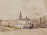 un tableau représentant un homme et une femme marchant sur la plage