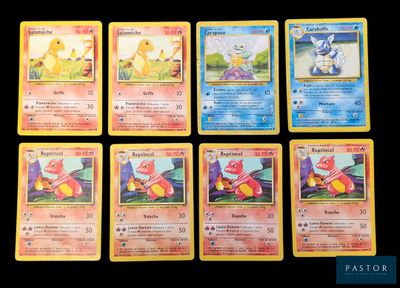 Plusieurs cartes Pokémon sont représentées les unes à côté des autres sur un fond noir
