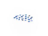 a close up of a group of blue beads on a white surface