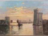 painting of a painting of a castle on the water with boats in the foreground