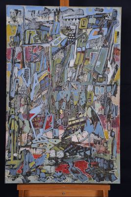 an image of a painting on a easel with a black background