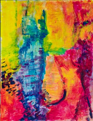 an abstract painting of a woman in a red dress and a man in a blue suit