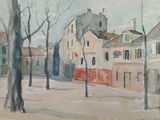 a watercolor painting of a street scene with buildings and trees