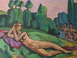 a painting of a woman laying on the grass