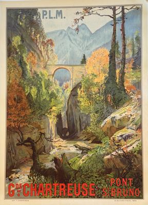 une vieille affiche représentant un paysage de montagne avec un pont en arrière-plan