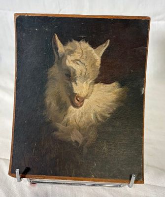 tableau représentant un chat blanc sur fond noir, posé sur un socle en bois