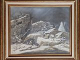 une peinture à l'huile représentant un paysage de montagne avec une maison au premier plan