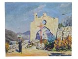 une peinture à l'huile représentant une femme portant une croix devant une église