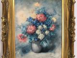 an oil painting of a vase of flowers on a table