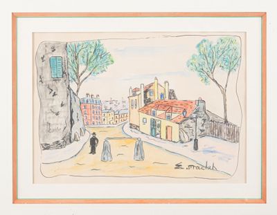 drawing of a street scene with people walking down the street
