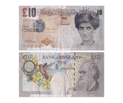 two british bank notes with a picture of a man and a woman