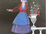 a painting of a woman in a blue dress holding a vase of flowers