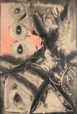 a black and white picture of a painting with a red background