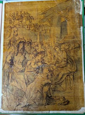 an old book with a drawing of a group of people on it