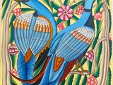 tableau représentant deux oiseaux bleus perchés sur une branche d'arbre ornée de fleurs roses