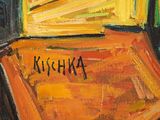 an oil painting of a yellow chair with a name on it