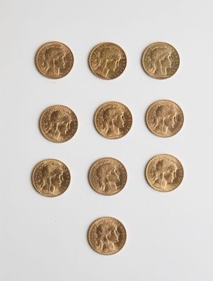 13 Lot de 10 pièces de 20 Francs coq, (8 x 1913- 1 x 1901 - …