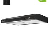 une photo en noir et blanc d'une hotte de cuisine surmontée d'une lampe