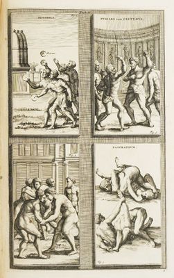 un vieux livre contenant quatre illustrations représentant des hommes en train de se battre
